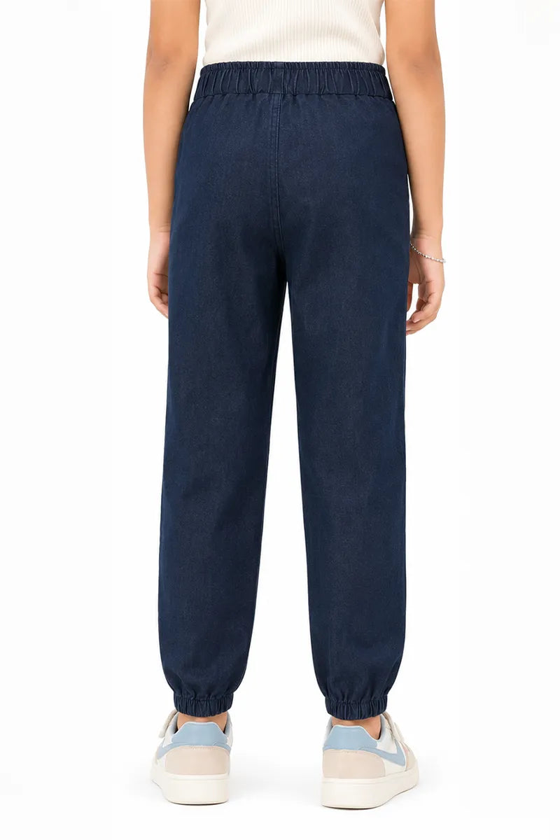 Girl's Denim Solid Jogger Pant - Navy Blue - View 3
