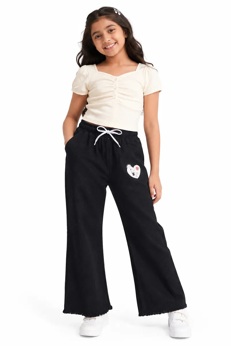 Denim Solid Palazzo Pant for Girls - Black - View 4