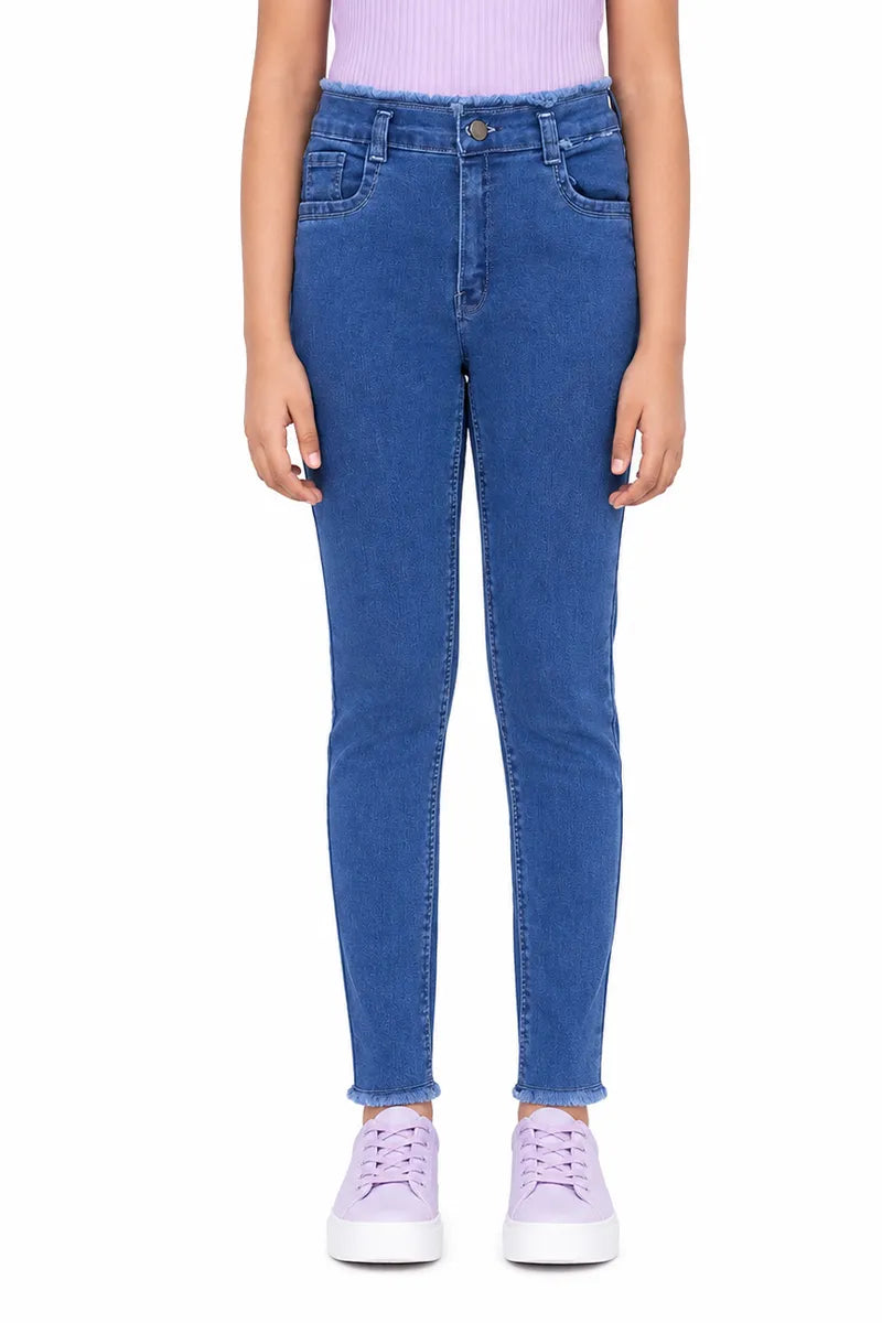 Girl's Denim Solid Stretchable Jeans - Blue - View 5