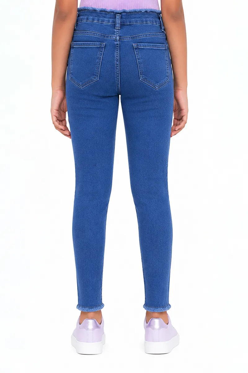 Girl's Denim Solid Stretchable Jeans - Blue - View 7
