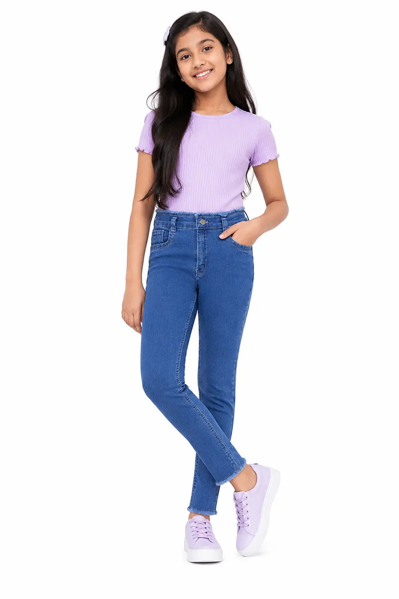 Girl's Denim Solid Stretchable Jeans - Blue - View 8