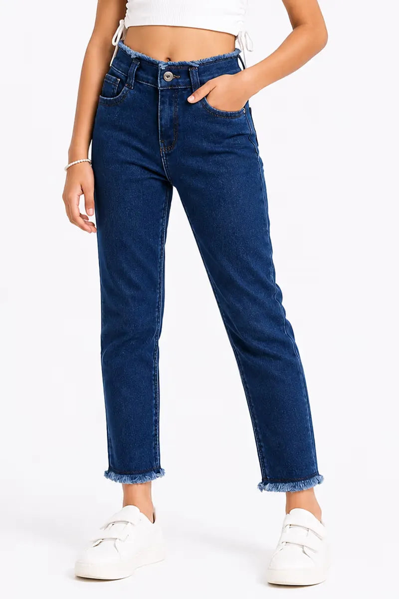 Girl's Denim Solid Stretchable Jeans - Dark Blue - View 9