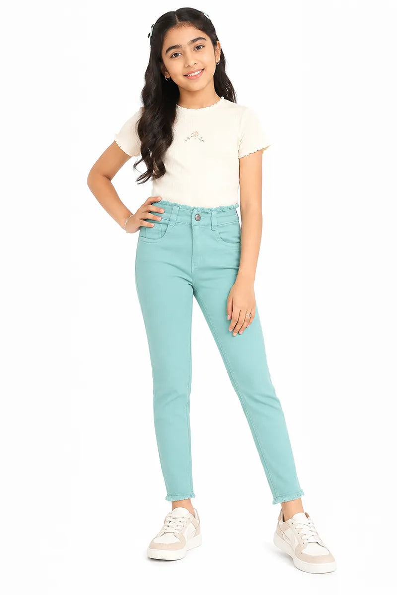 Girl's Denim Solid Stretchable Jeans - Sea Green - View 28