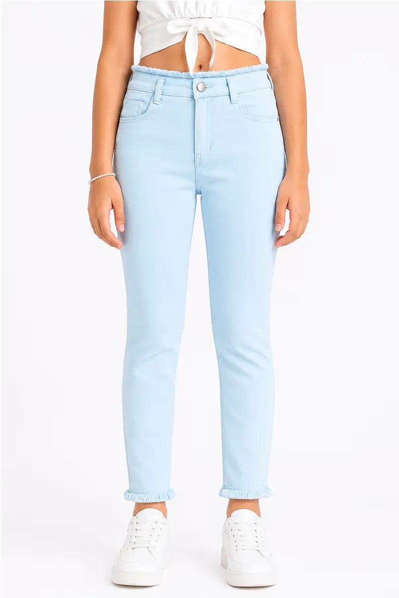 Girl's Denim Solid Stretchable Jeans - Sky Blue - View 29