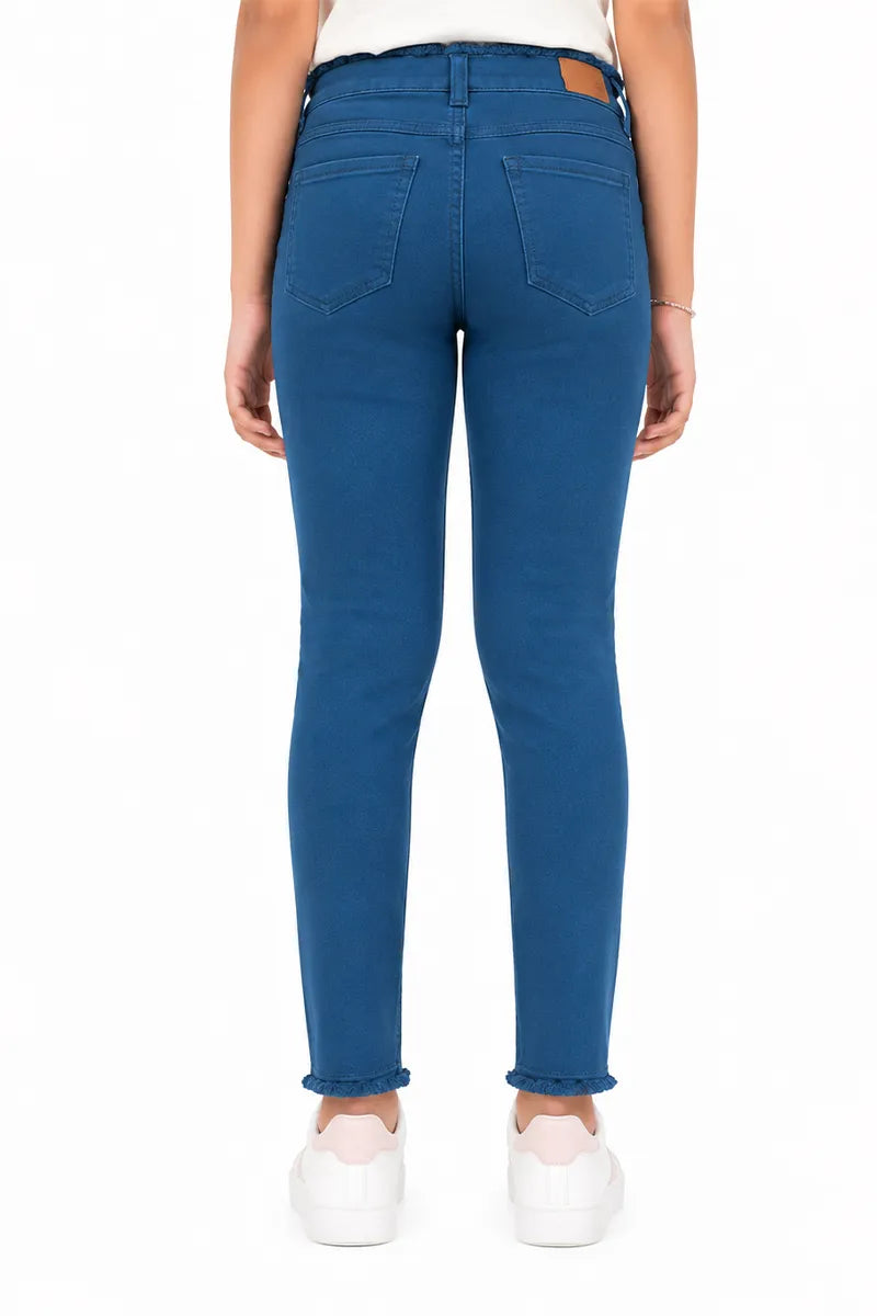 Girl's Denim Solid Stretchable Jeans - Teal - View 35