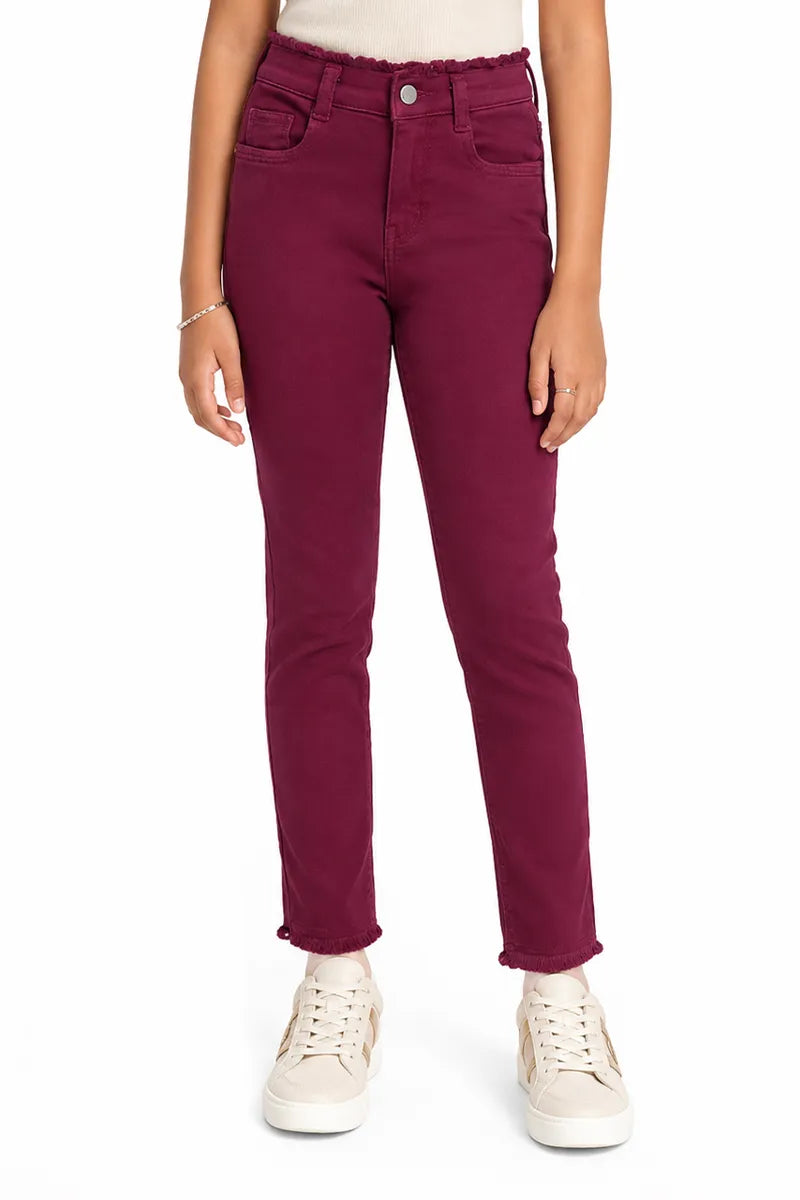 Girl's Denim Solid Stretchable Jeans - Wine - View 37