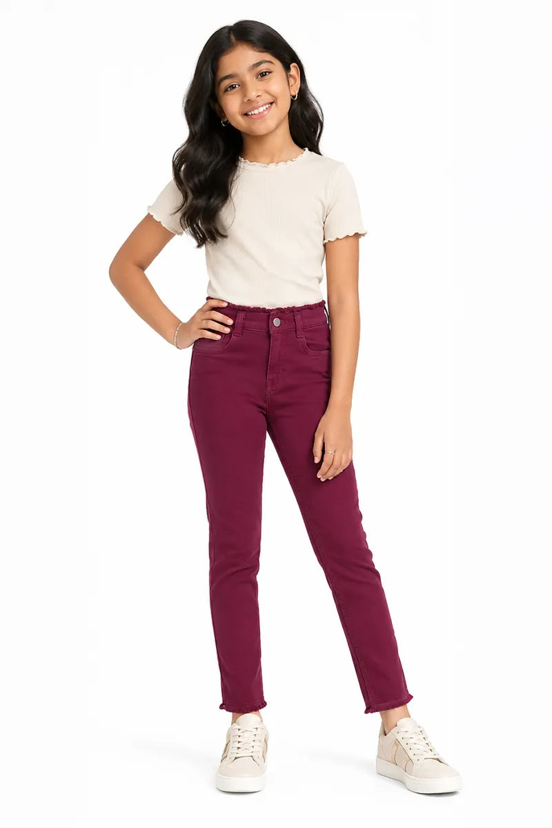 Girl's Denim Solid Stretchable Jeans - Wine - View 40