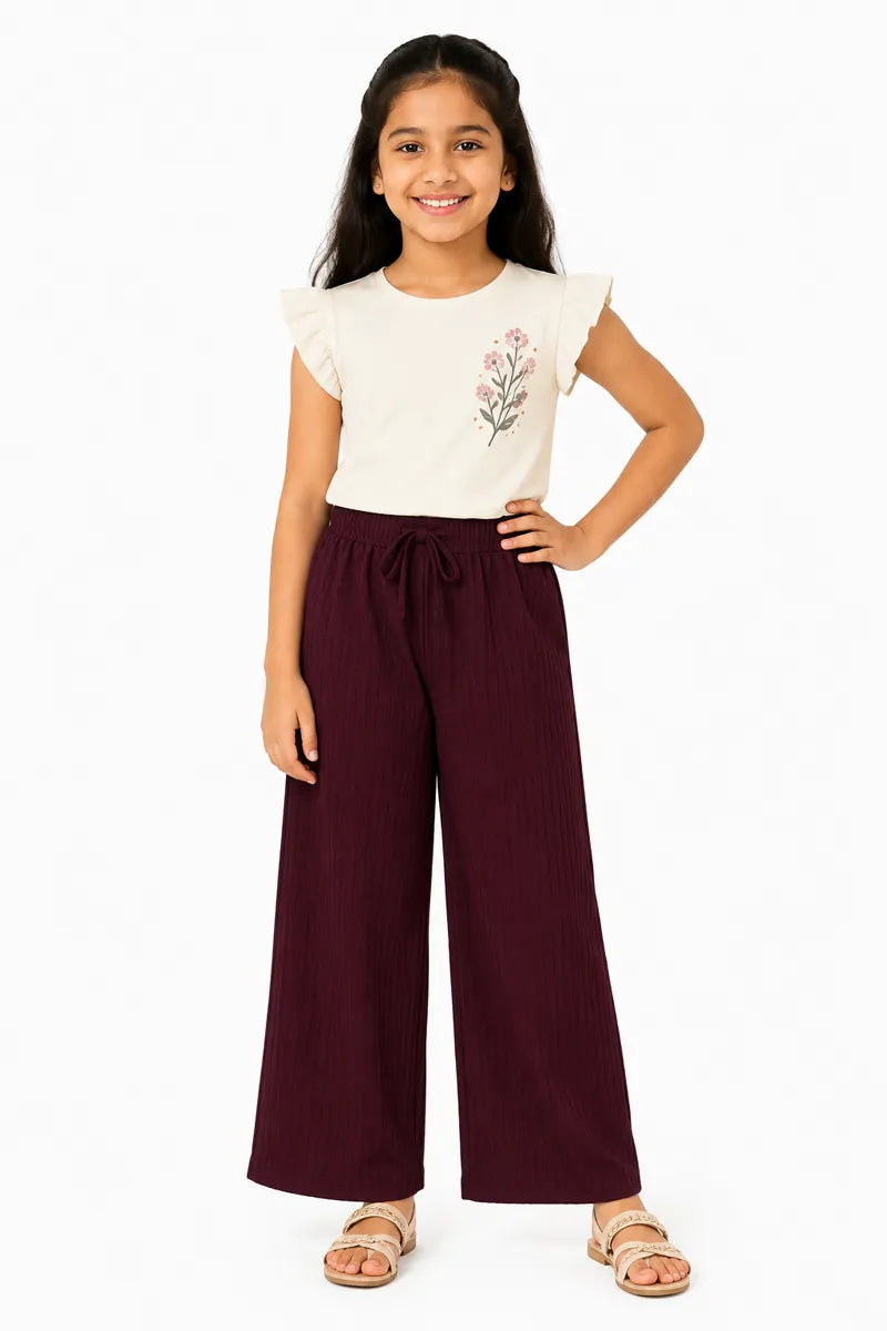 Girl's Lycra Solid Palazzos - Burgundy - View 12