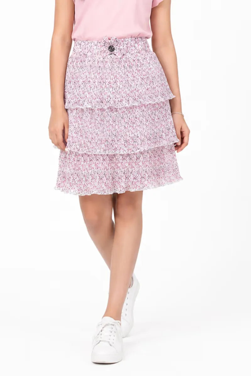 Girl's Georgette Printed Tiered Skirt - Pink - View 5
