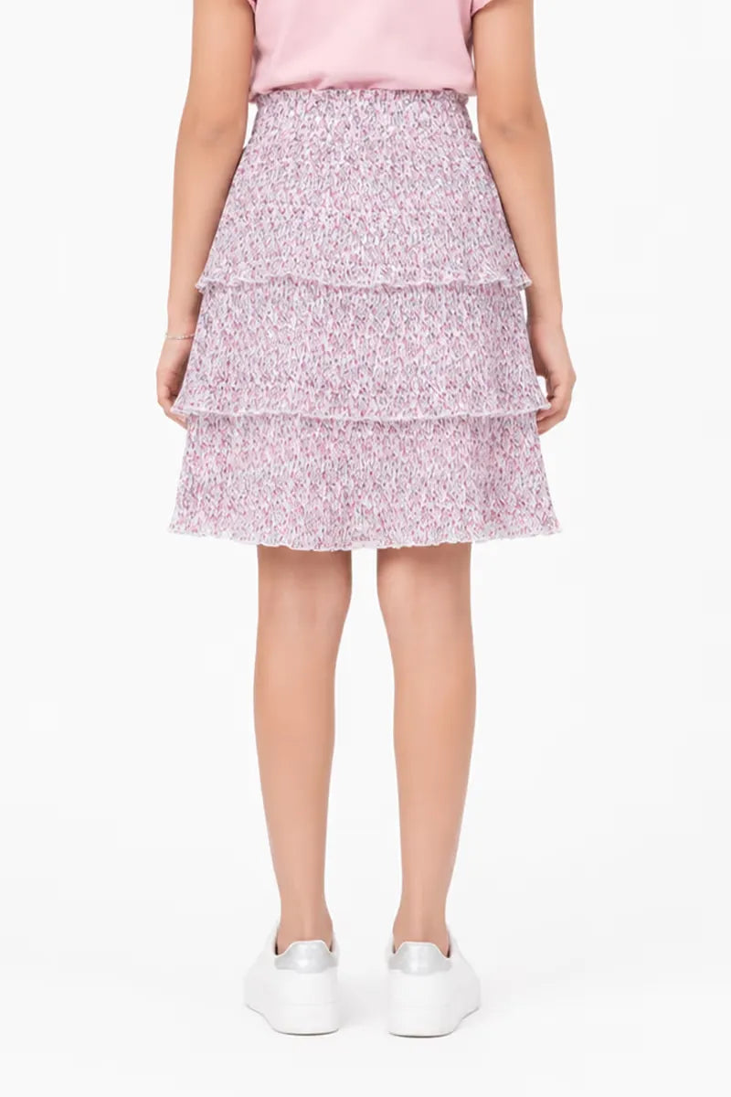 Girl's Georgette Printed Tiered Skirt - Pink - View 7