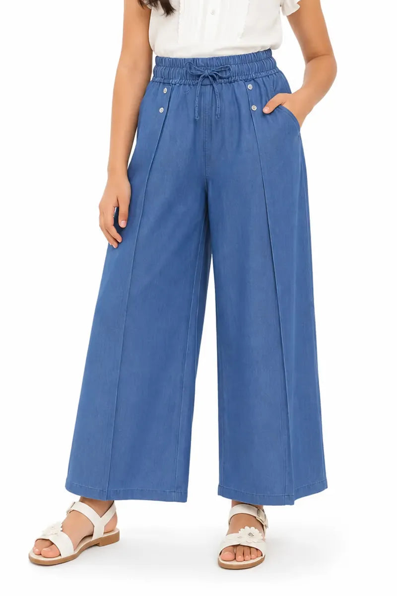 Girl's Denim Solid Palazzos - Blue - View 1