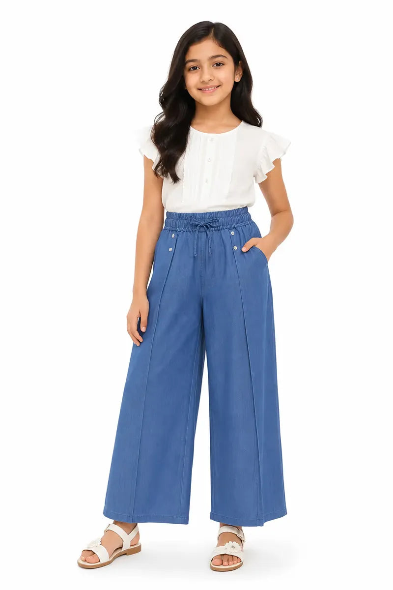 Girl's Denim Solid Palazzos - Blue - View 4
