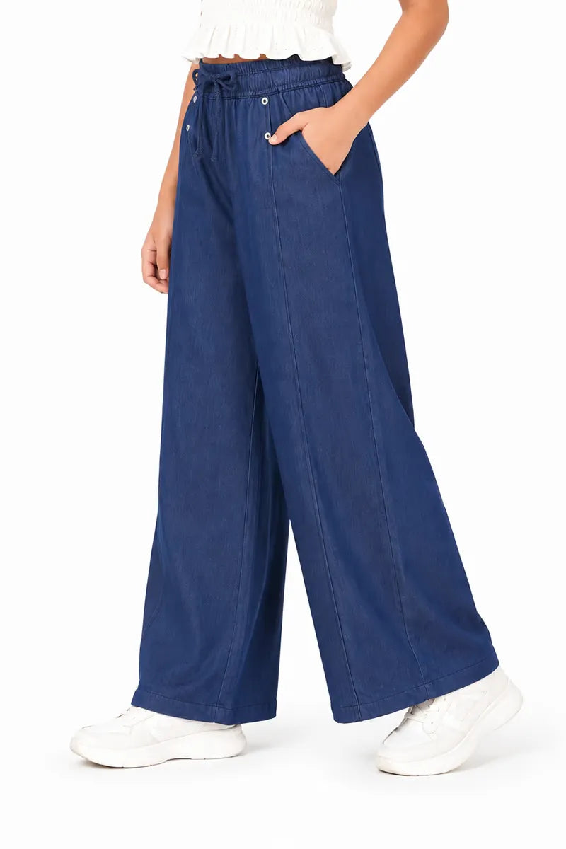 Girl's Denim Solid Palazzos - Navy Blue - View 6