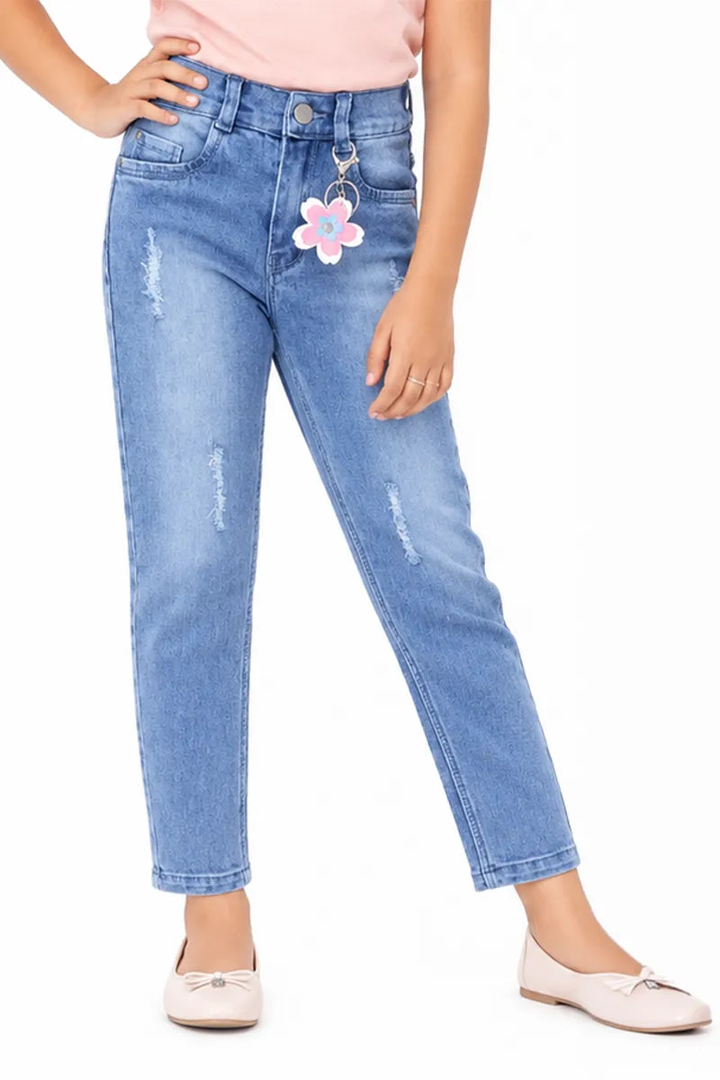 Girl's Denim Solid Mid Rise Jeans - Blue - View 1