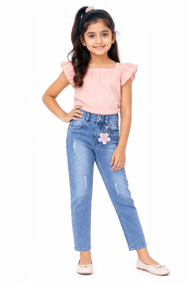 Girl's Denim Solid Mid Rise Jeans - Blue - View 4
