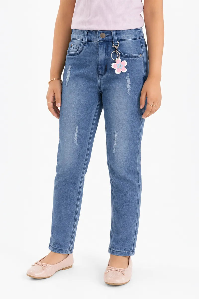 Girl's Denim Solid Mid Rise Jeans - Dark Blue - View 5