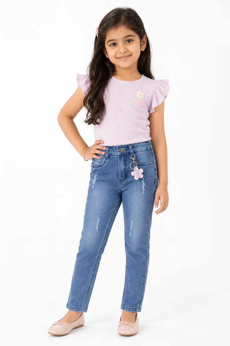 Girl's Denim Solid Mid Rise Jeans - Dark Blue - View 8