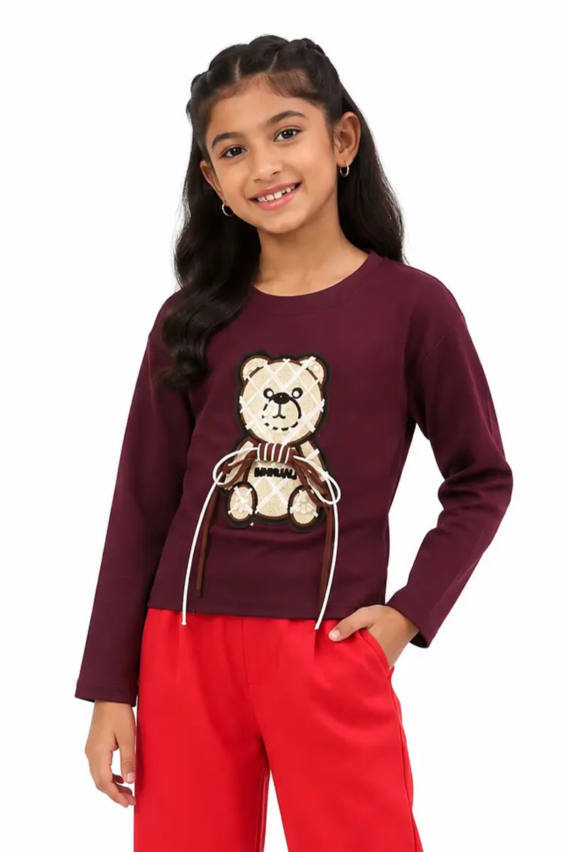 Lycra Solid T-Shirt for Girl - Wine - View 13