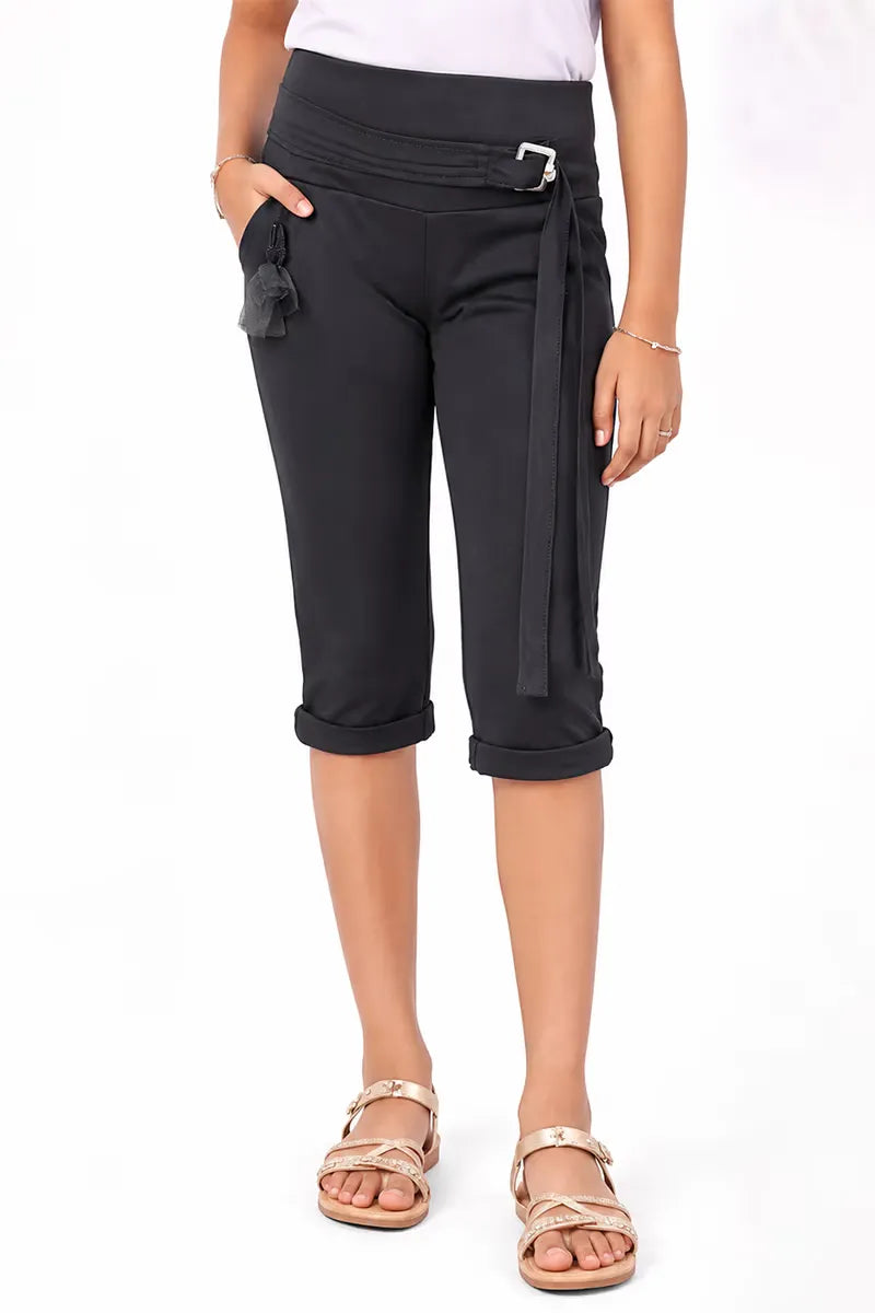 Girl's Lycra Solid Capri - Grey - View 5