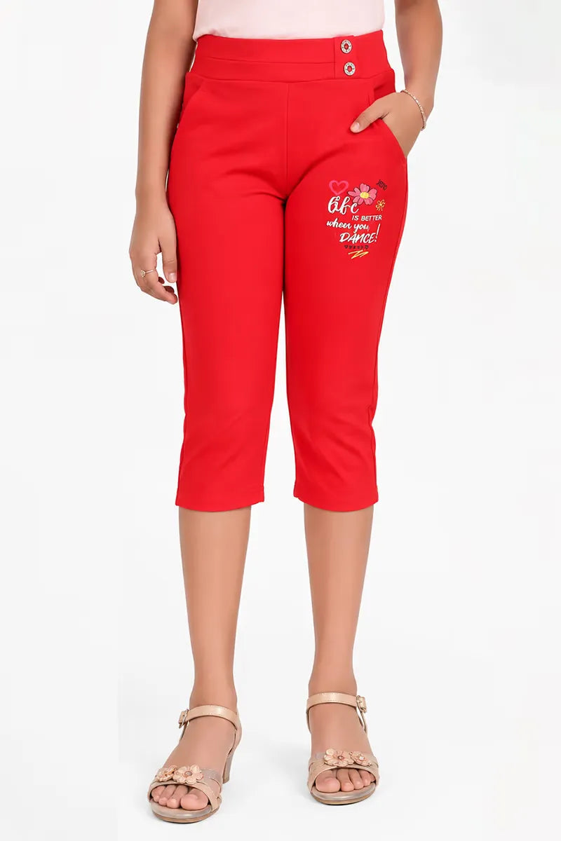 Girl's Lycra Solid Capri - Red - View 5