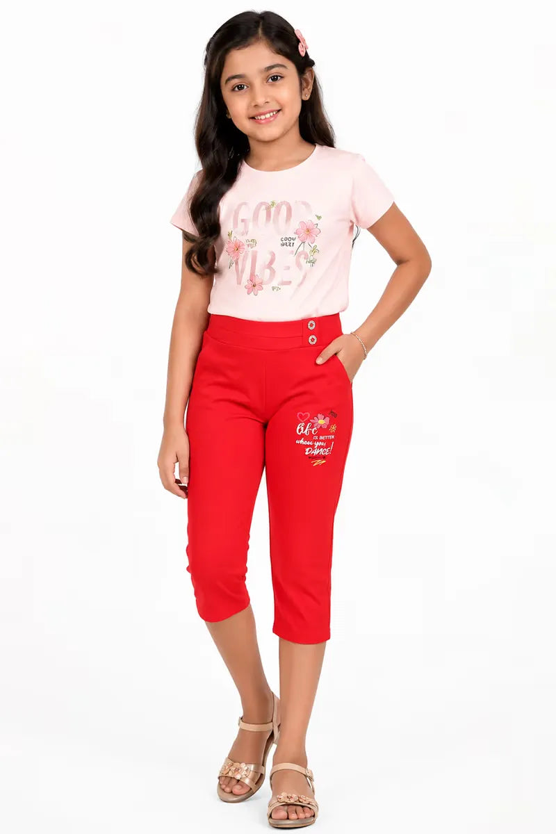 Girl's Lycra Solid Capri - Red - View 8