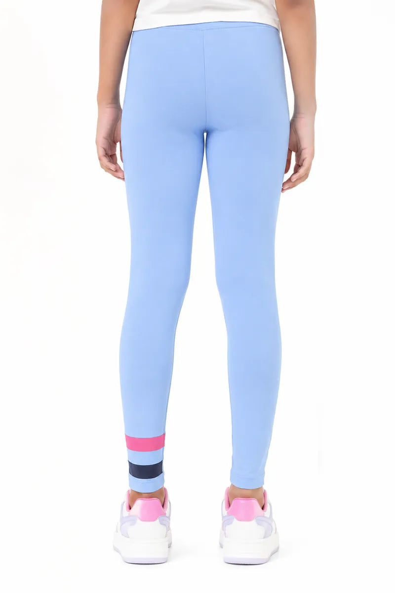 Girl's Cotton Lycra Printed Jeggings - Blue - View 7