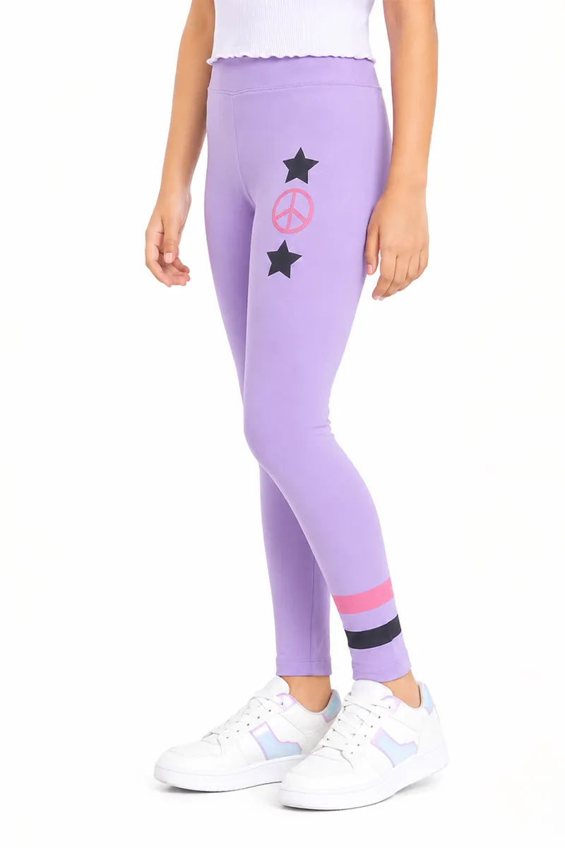 Girl's Cotton Lycra Printed Jeggings - Lavender - View 10