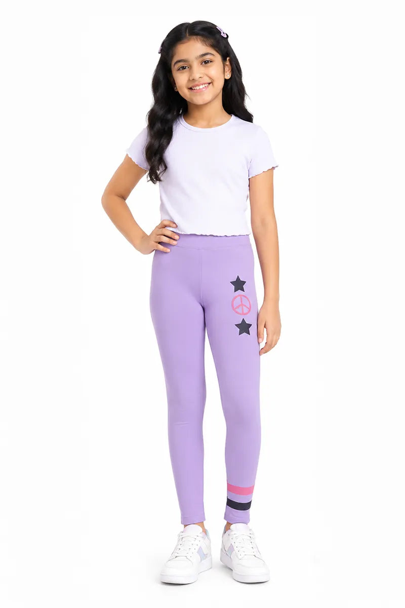 Girl's Cotton Lycra Printed Jeggings - Lavender - View 12