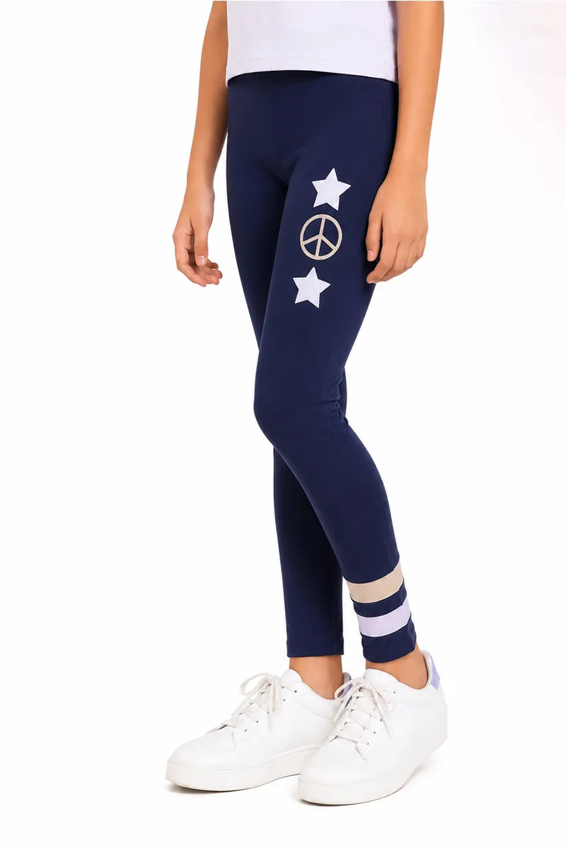 Girl's Cotton Lycra Printed Jeggings - Navy Blue - View 14