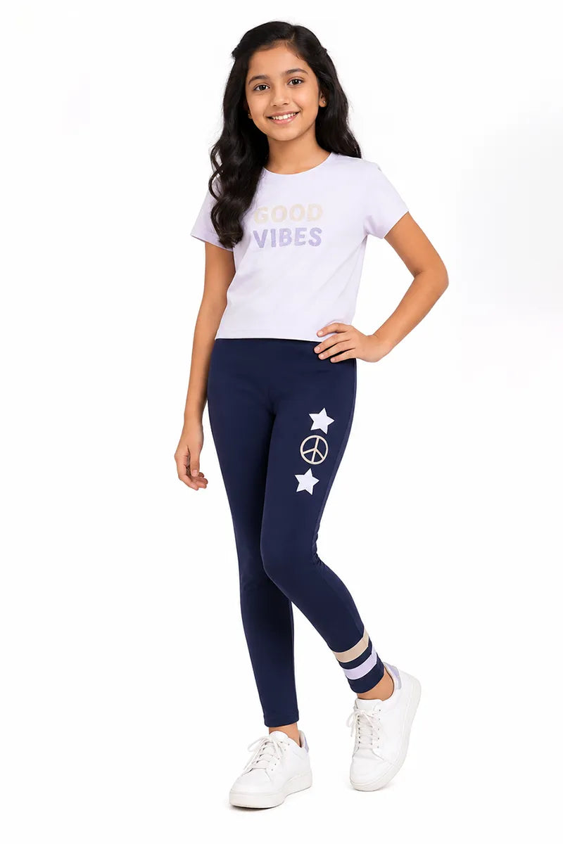 Girl's Cotton Lycra Printed Jeggings - Navy Blue - View 16