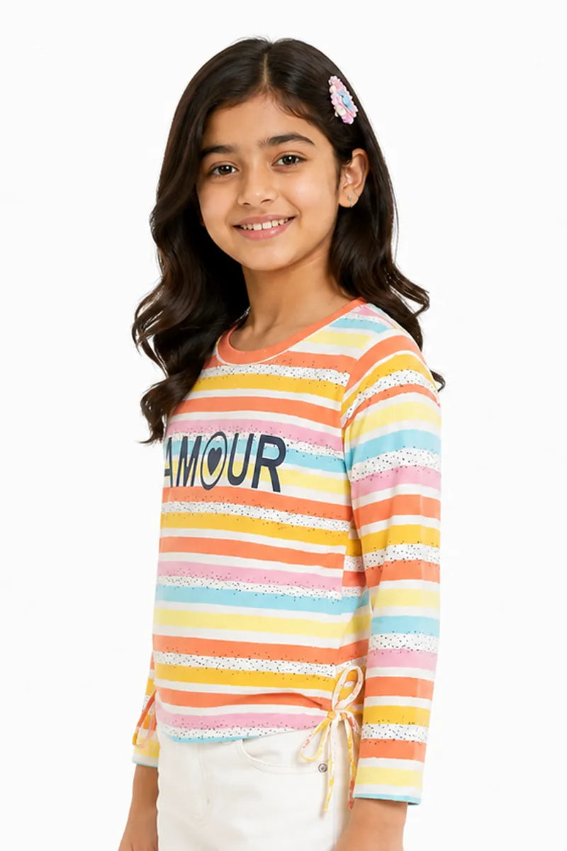 Girl's Cotton Lycra Striped T-Shirt - Multicolor - View 2