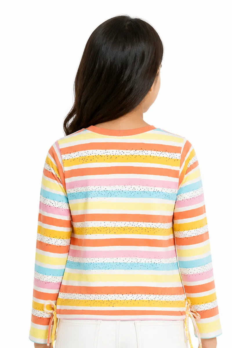 Girl's Cotton Lycra Striped T-Shirt - Multicolor - View 3