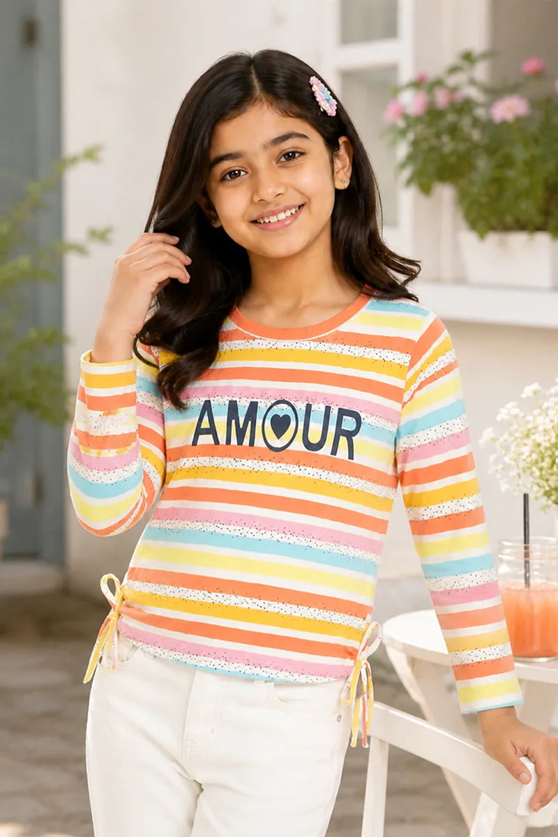 Girl's Cotton Lycra Striped T-Shirt - Multicolor - View 4