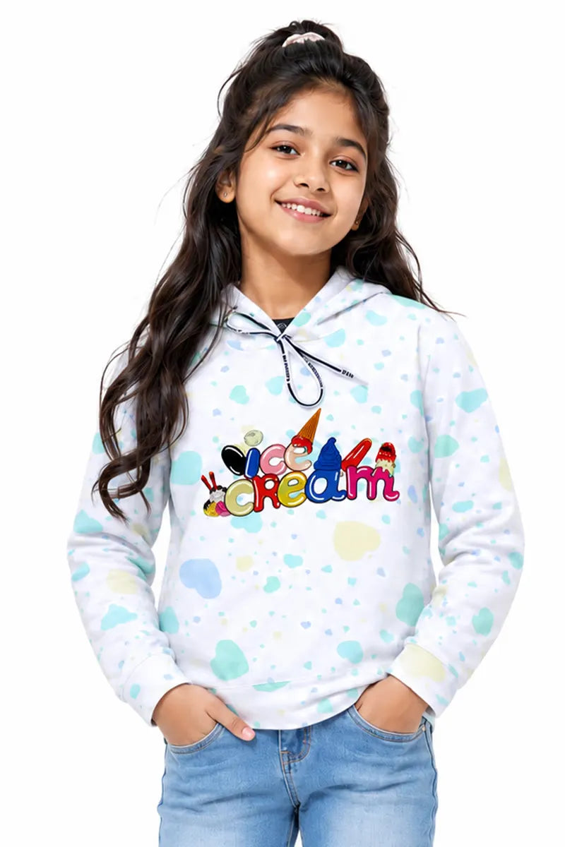 Lycra Printed Casual Hoodie for Girls - White - View 1