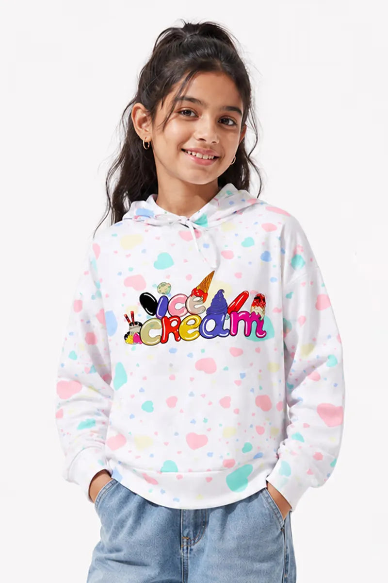 Lycra Printed Casual Hoodie for Girls - White - View 1