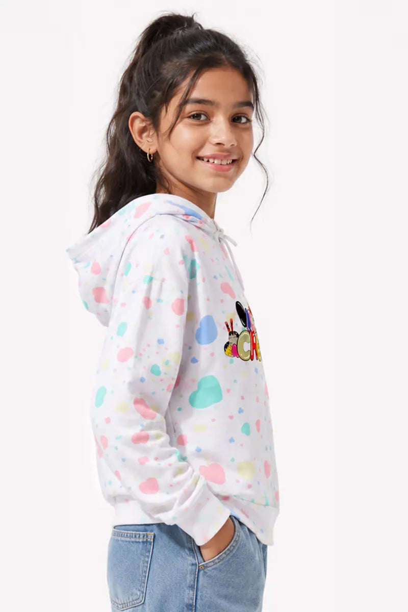 Lycra Printed Casual Hoodie for Girls - White - View 2
