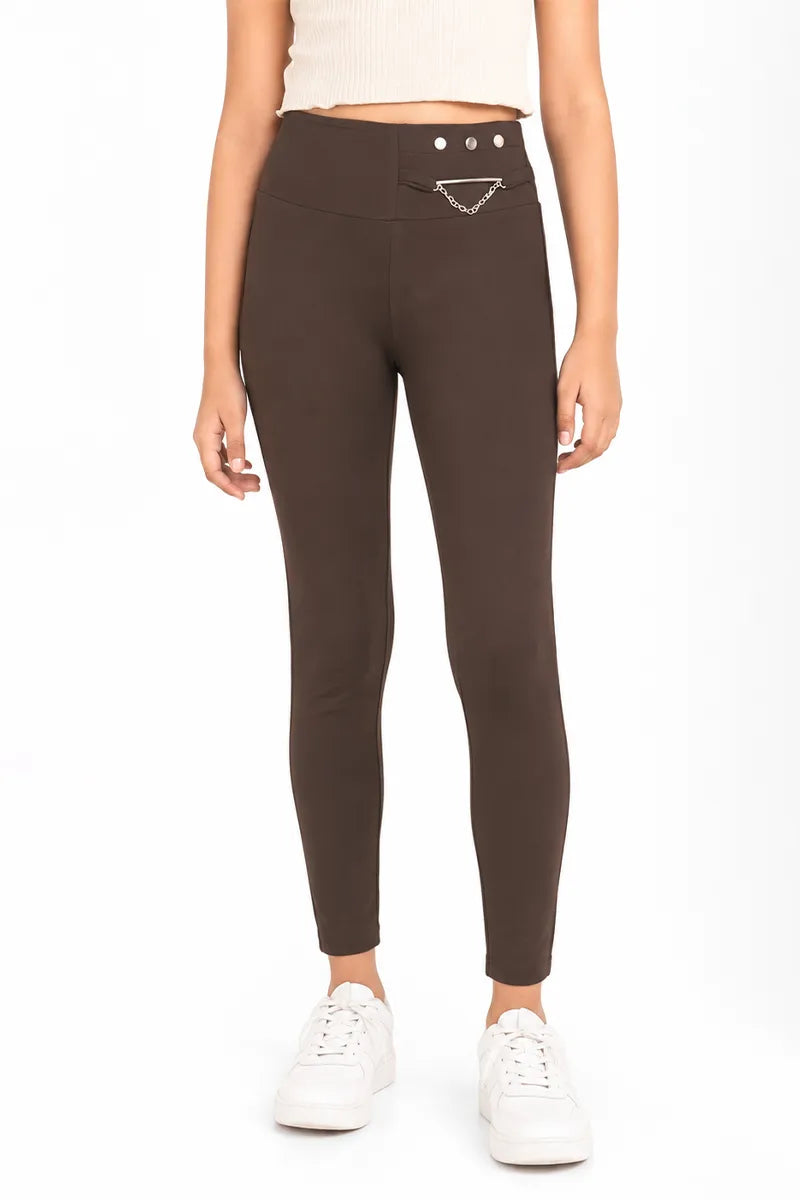 Girl's Cotton Lycra Solid Jeggings - Olive - View 9