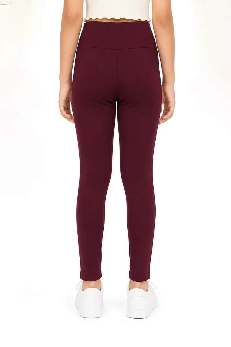 Girl's Cotton Lycra Solid Jeggings - Wine - View 15