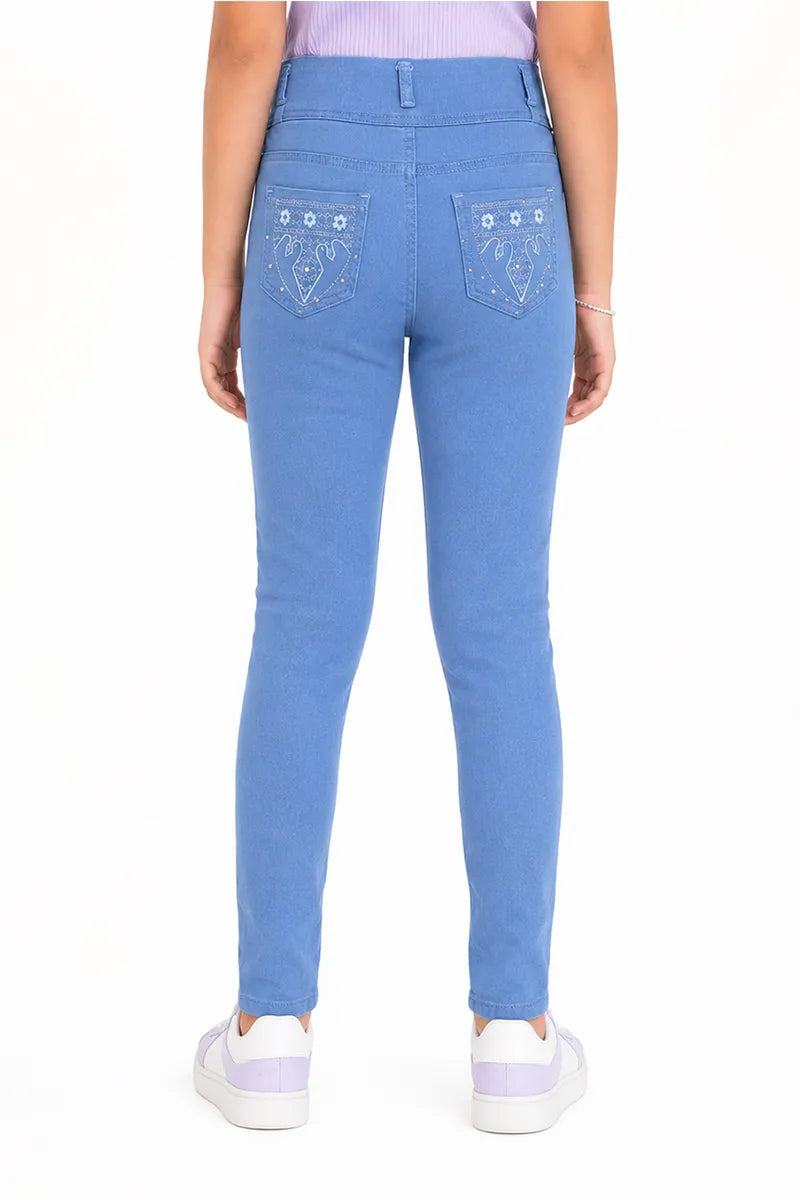 Girl's Denim Solid Regular Fit Jeans - Blue - View 3