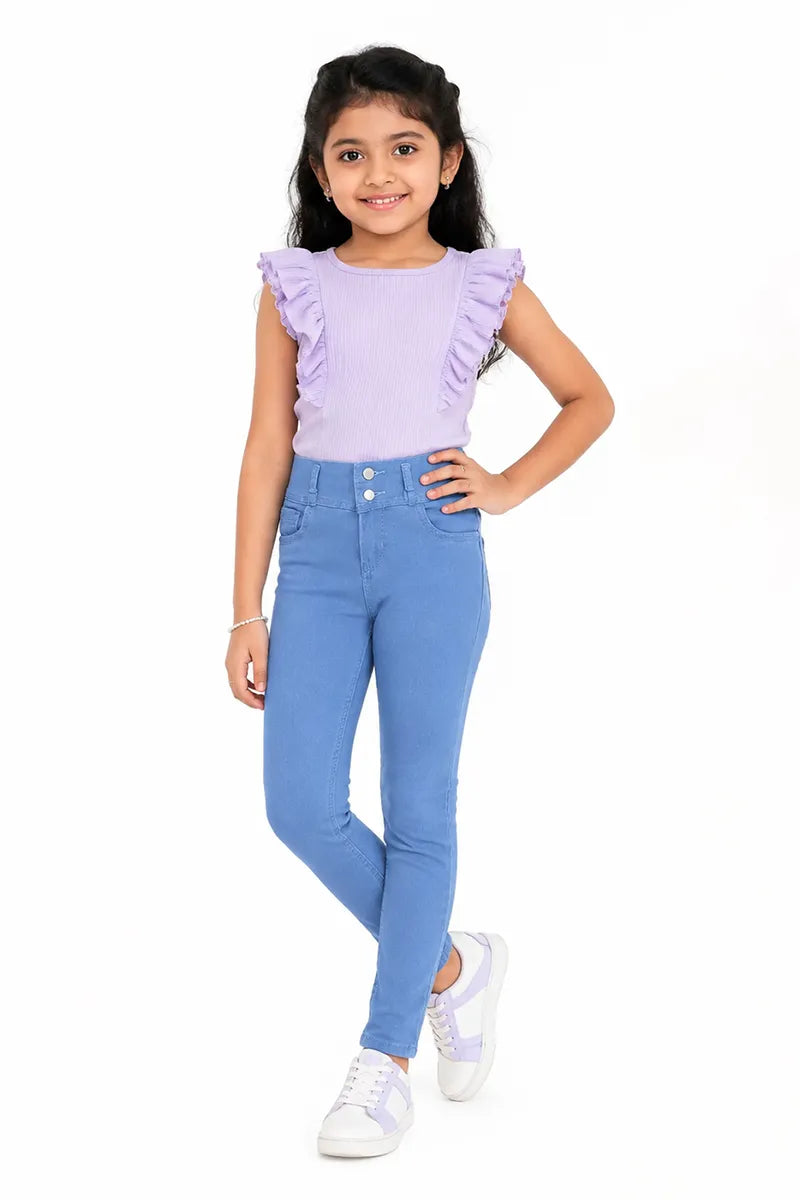Girl's Denim Solid Regular Fit Jeans - Blue - View 4