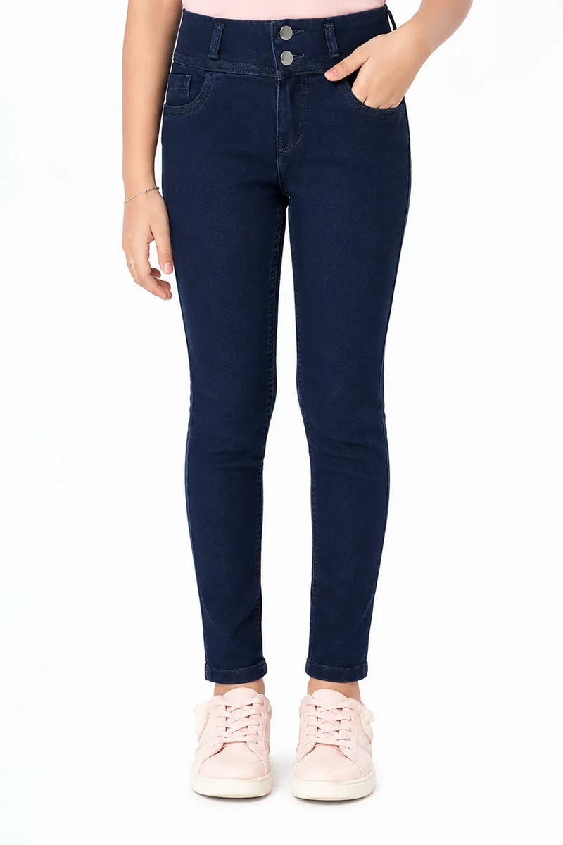 Girl's Denim Solid Regular Fit Jeans - Dark Blue - View 5