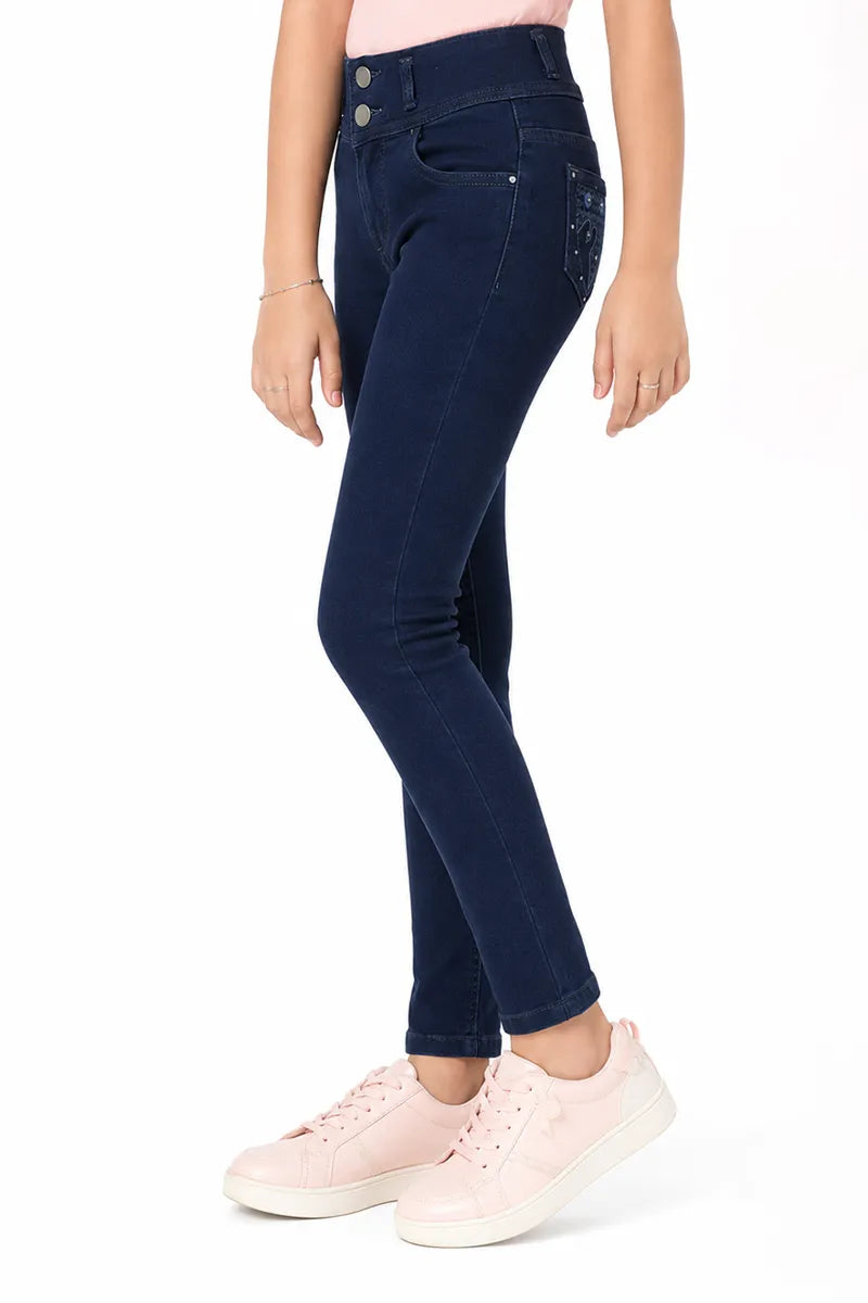 Girl's Denim Solid Regular Fit Jeans - Dark Blue - View 6