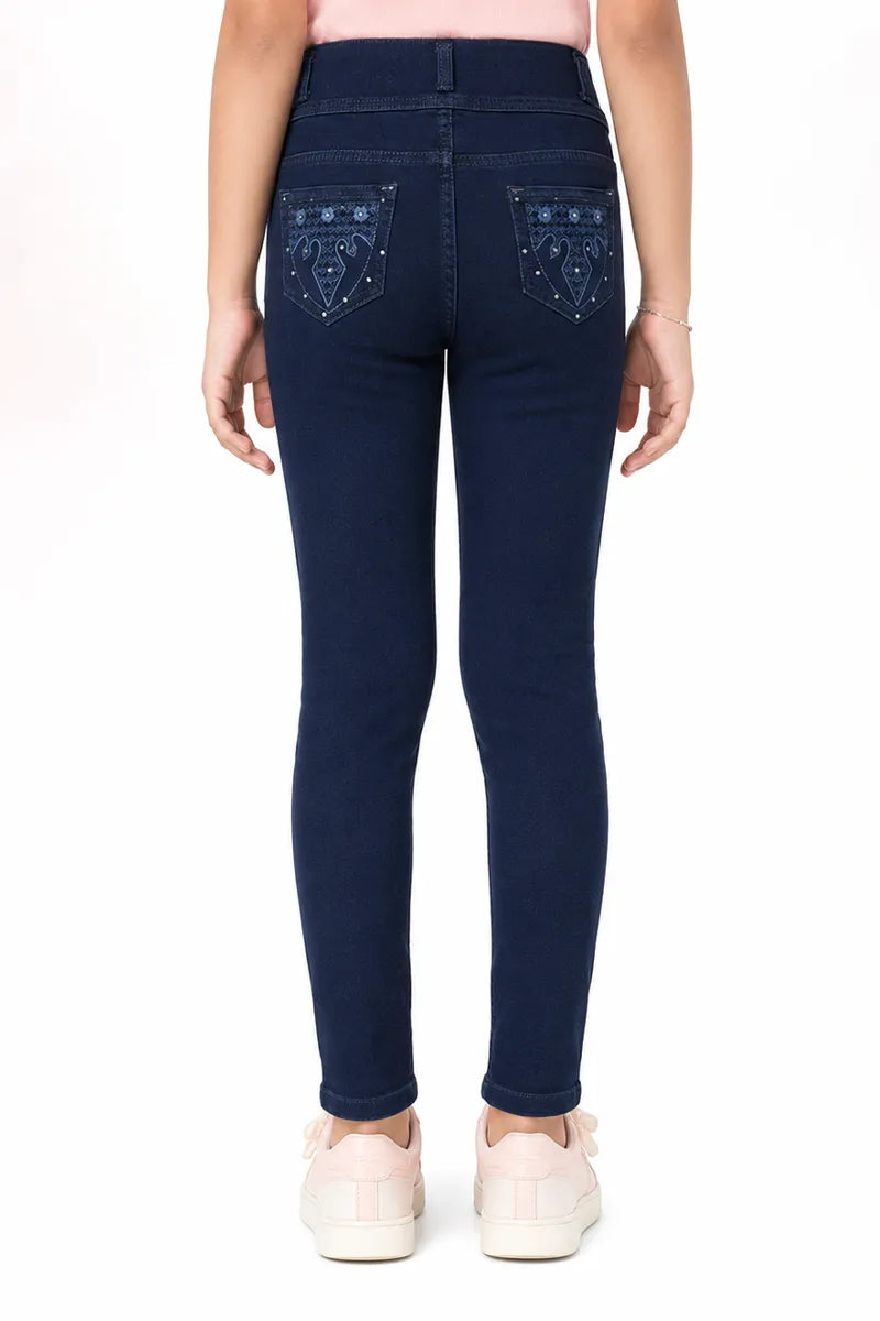 Girl's Denim Solid Regular Fit Jeans - Dark Blue - View 7
