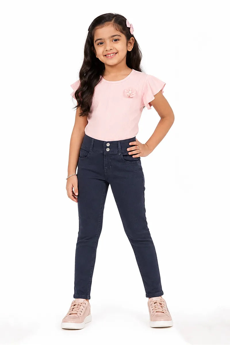 Girl's Denim Solid Regular Fit Jeans - Dark Grey - View 12