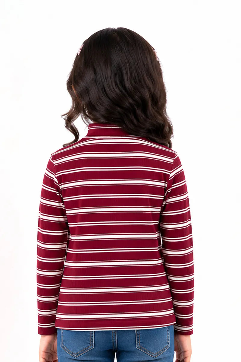 Girl's Lycra Striped Full Sleeve T-Shirt - Maroon - View 3