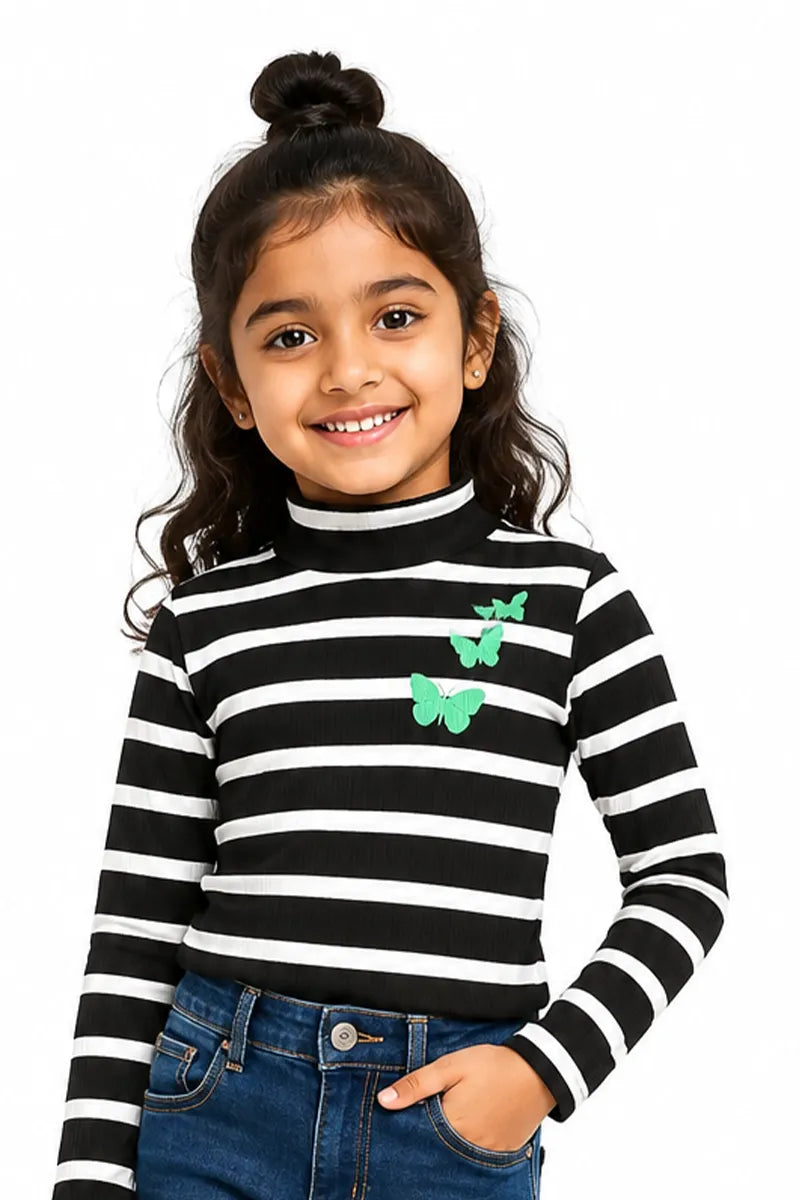 Girl's Lycra Striped Turtle Neck T-Shirt - Black - View 1
