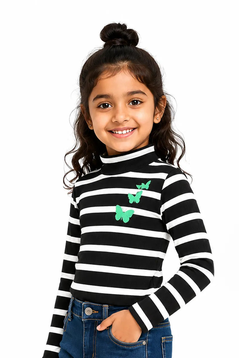 Girl's Lycra Striped Turtle Neck T-Shirt - Black - View 2