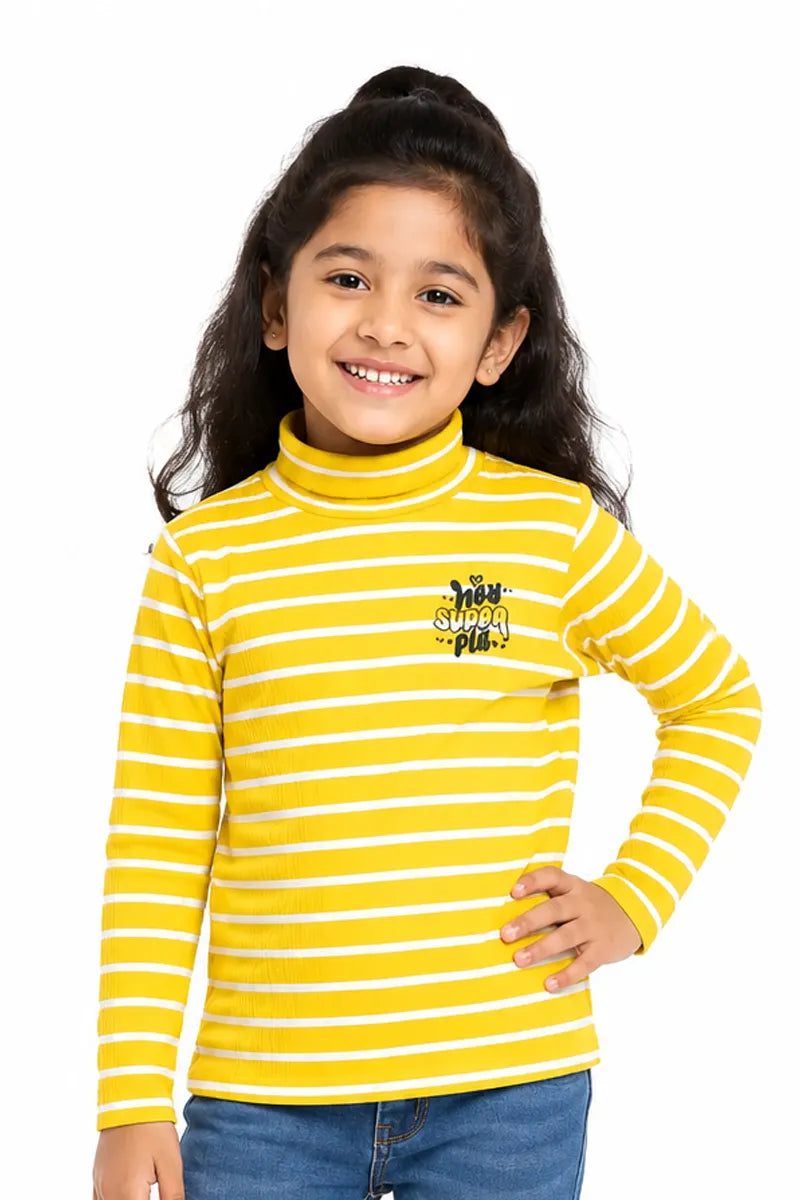 Lycra Striped Casual T-Shirt for Girls - Yellow - View 1