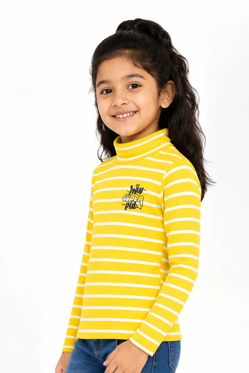 Lycra Striped Casual T-Shirt for Girls - Yellow - View 2