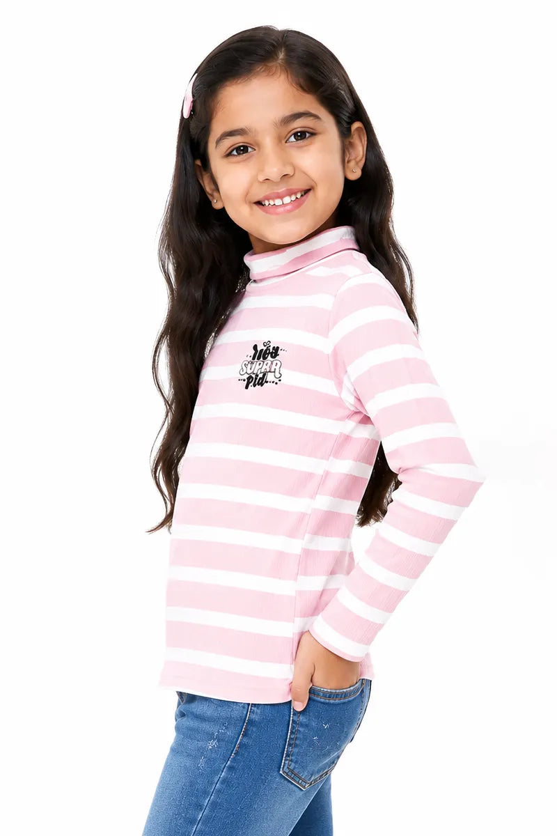 Lycra Striped Full Sleeve T-Shirt for Girls - Dusty Pink - View 10